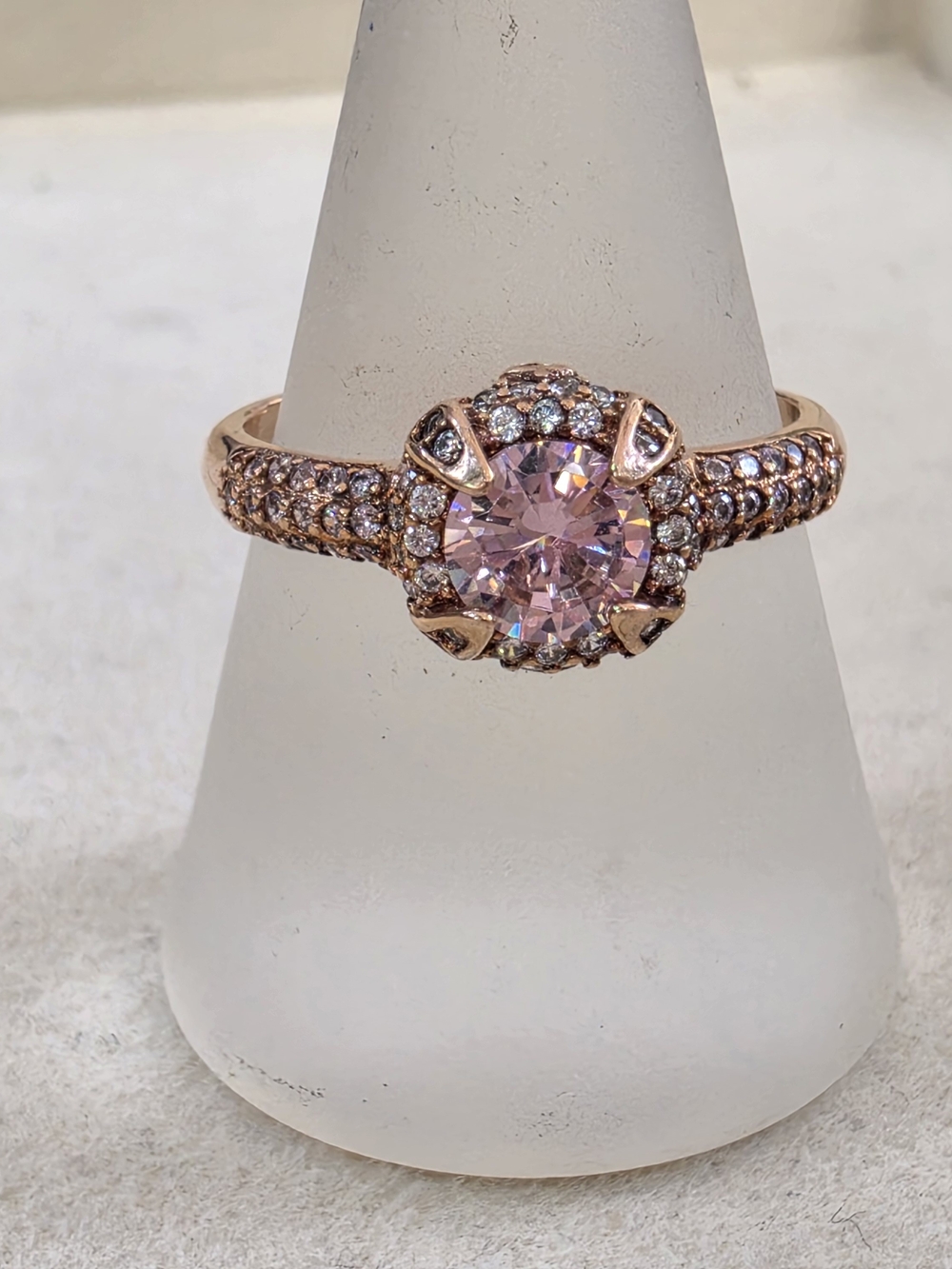 925 Sterling Silver Rose Gold-Tone Pink Solitaire Ring • Size 9 • 2.43g